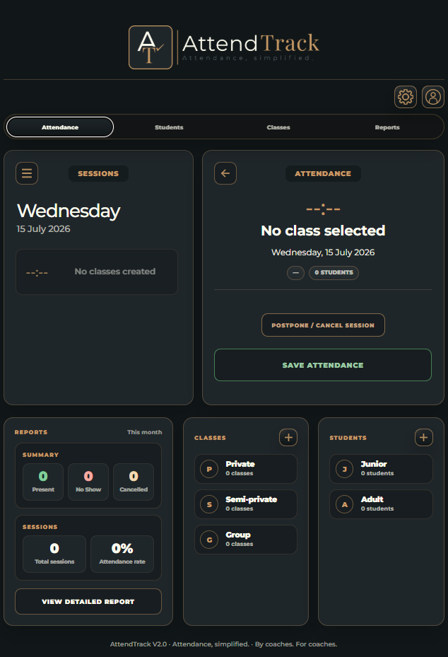 AttendTrack attendance dashboard showing sessions, reports, classes and students